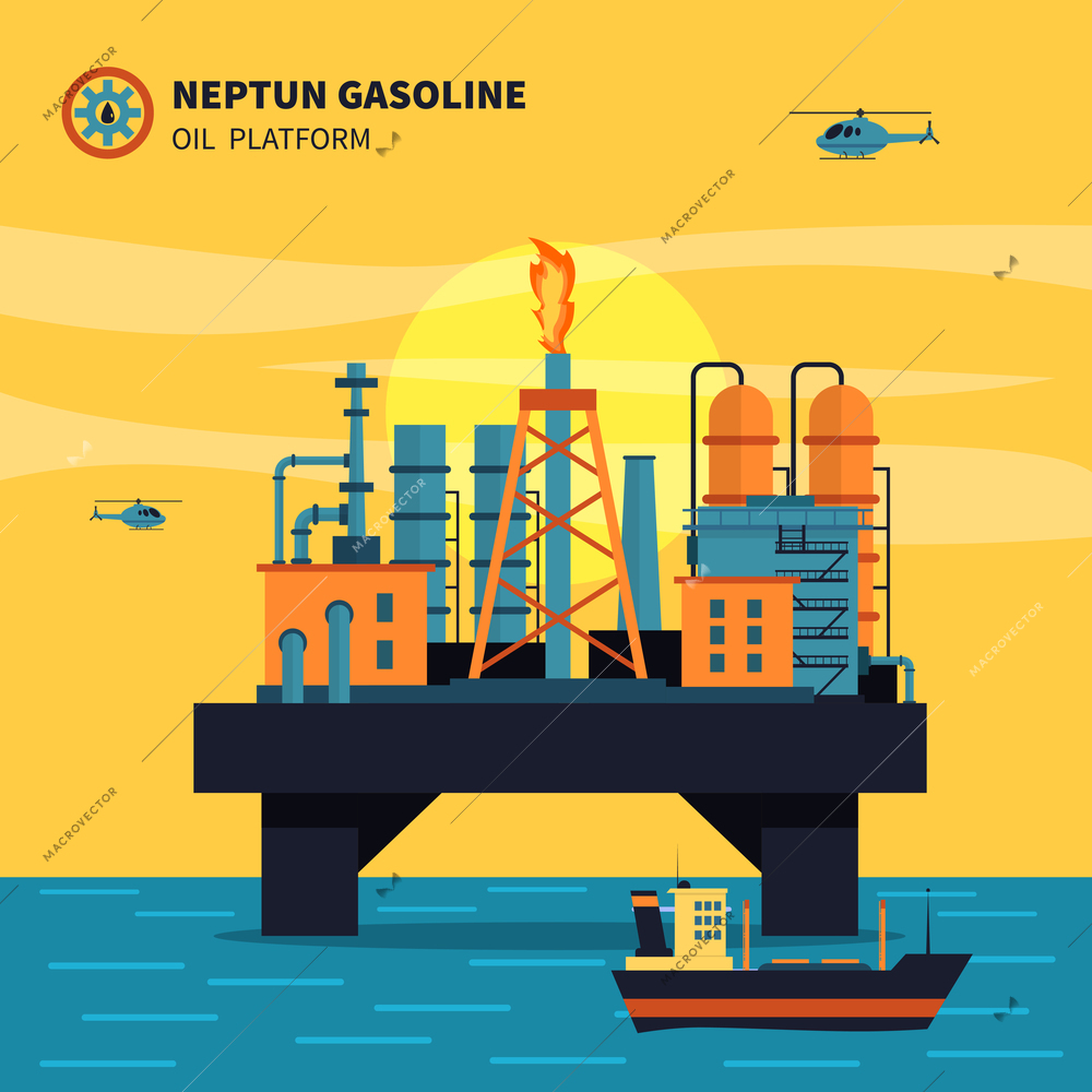 Oil platform for oil extraction with ship sea and helicopters flat vector illustration