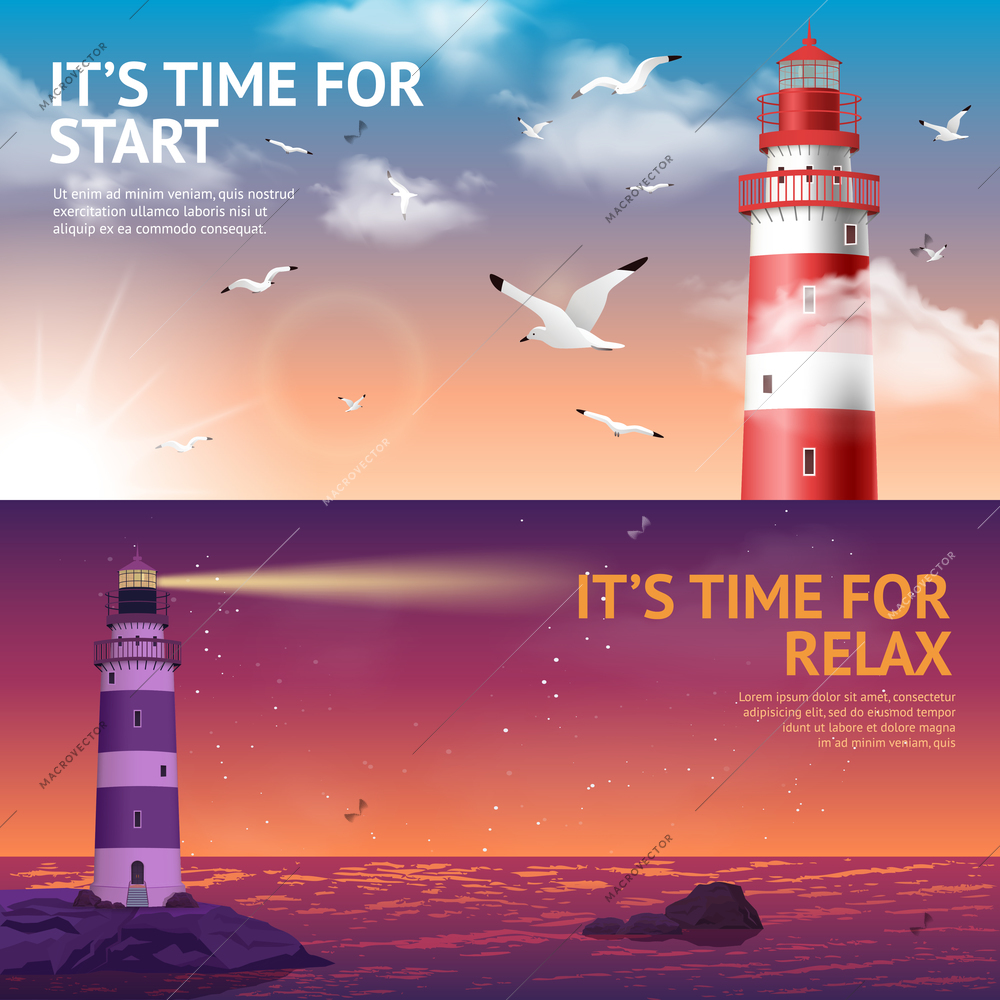 Lighthouse during day and night horizontal banner set isolated vector illustration