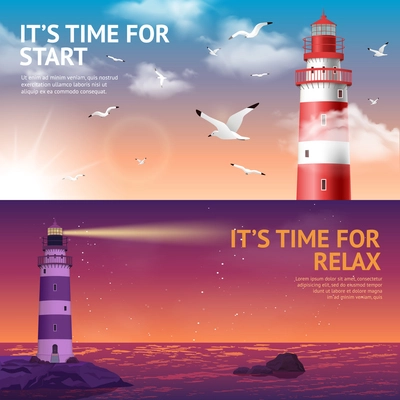 Lighthouse during day and night horizontal banner set isolated vector illustration