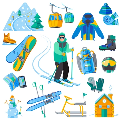 Ski resort icons set with winter sport equipment isolated vector illustration