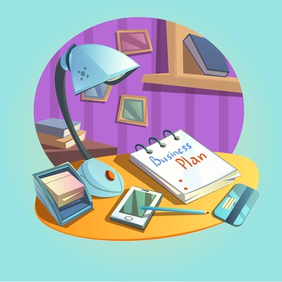 Business workplace concept with desk and office items retro cartoon style vector illustration