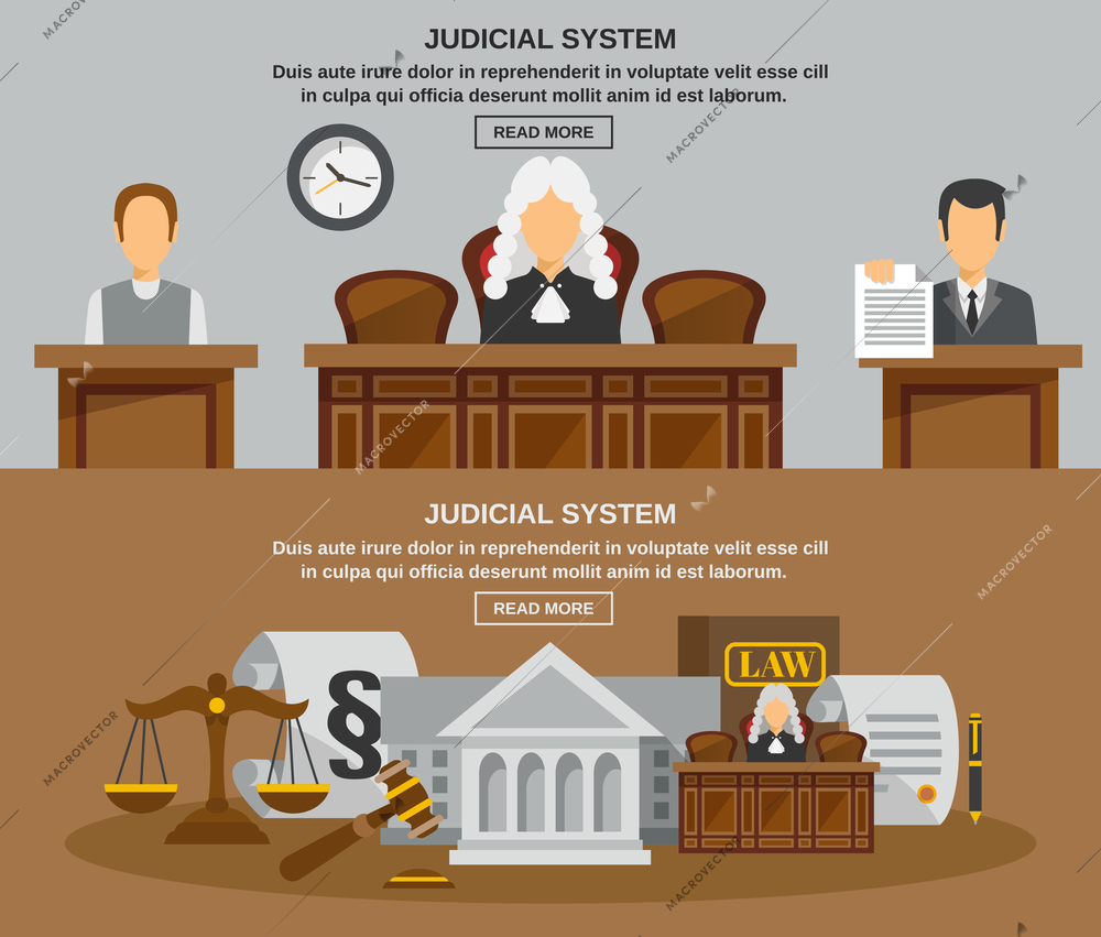 Law horizontal banner set with judical system elements isolated vector illustration