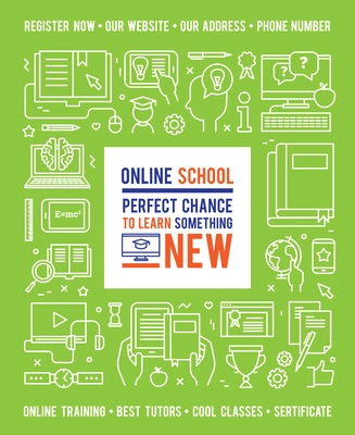 Online school education design concept with caption in center and white line icons on green background flat vector illustration