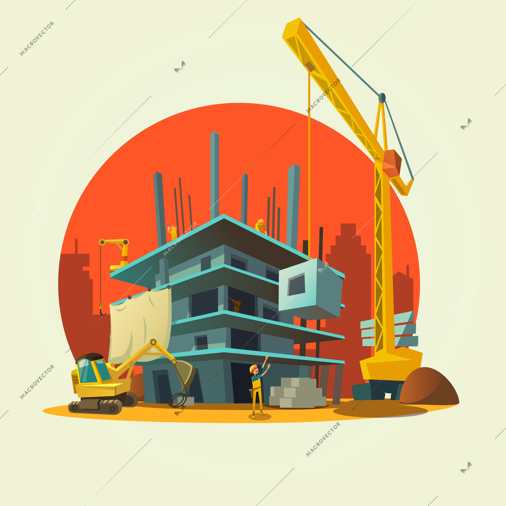 Construction concept with retro style concept workers and machines building house cartoon vector illustration