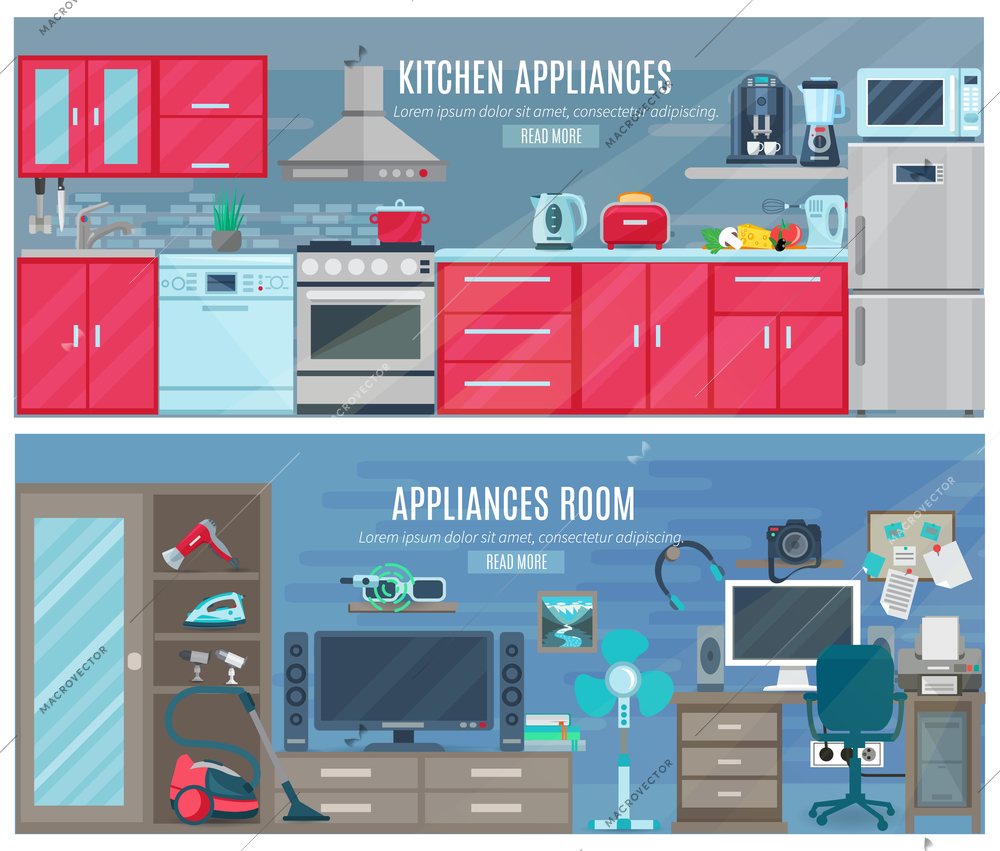 Household  horizontal banners with electronic and digital appliances in kitchen and room interiors flat vector illustration