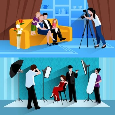 Photographer horrible banners set with family photos and photo session flat isolated vector illustration