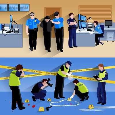 Horizontal banners compositions of  policeman people in office and criminalists working outside flat shadow vector illustration