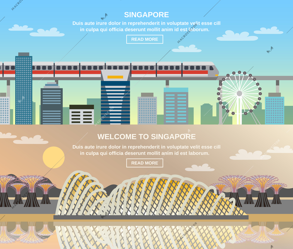 Singapore online information for travelers 3 flat  interactive banners with cityscape railroad and national  sightseeing tourists attractions vector illustration