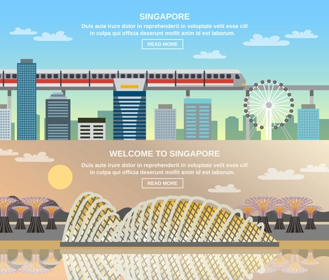 Singapore online information for travelers 3 flat  interactive banners with cityscape railroad and national  sightseeing tourists attractions vector illustration