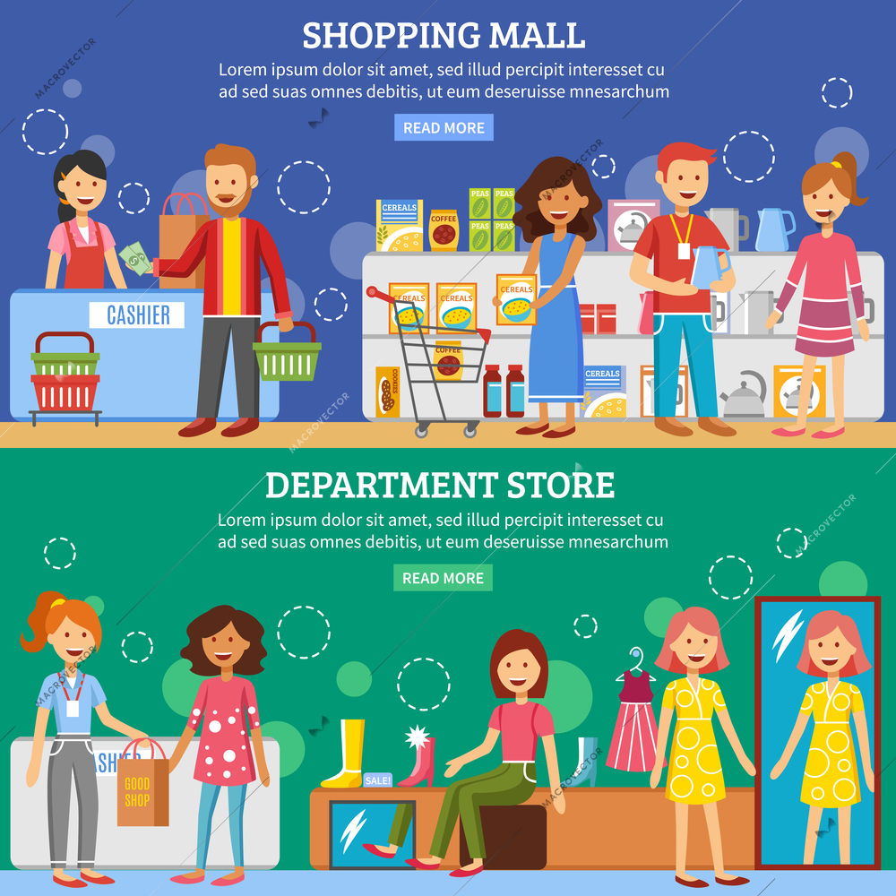 Department store in shopping mall customers support service homepage 2 flat horizontal interactive banners vector isolated illustration