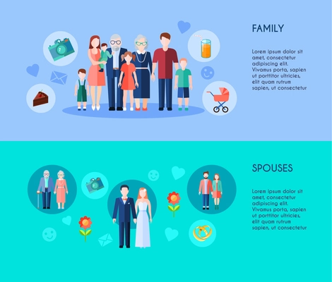 Two horizontal banners of extended family with different generations members and various age spouses flat vector illustration