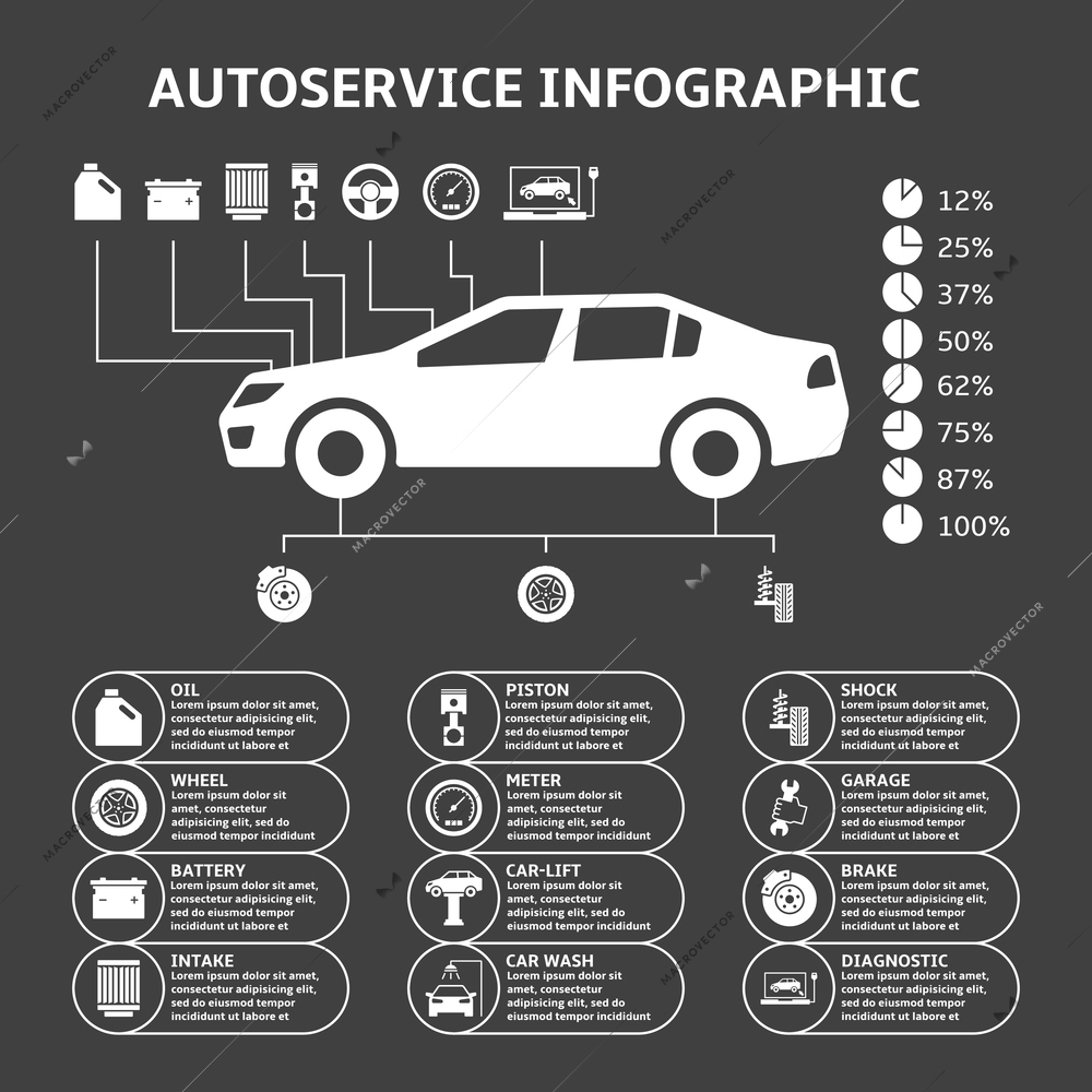 Car auto service infographics design elements with mechanical parts icons vector illustration