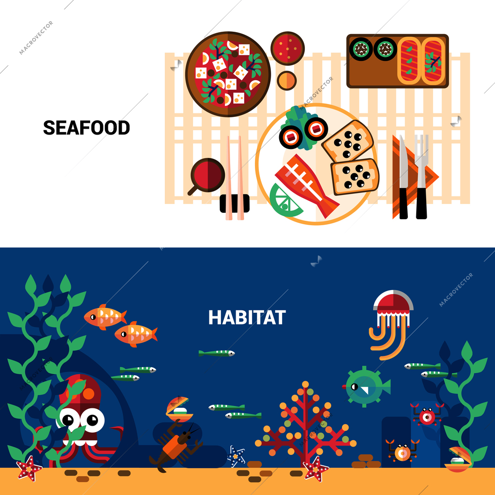 Horizontal  banners set of marine life  and table served with seafood flat vector illustration