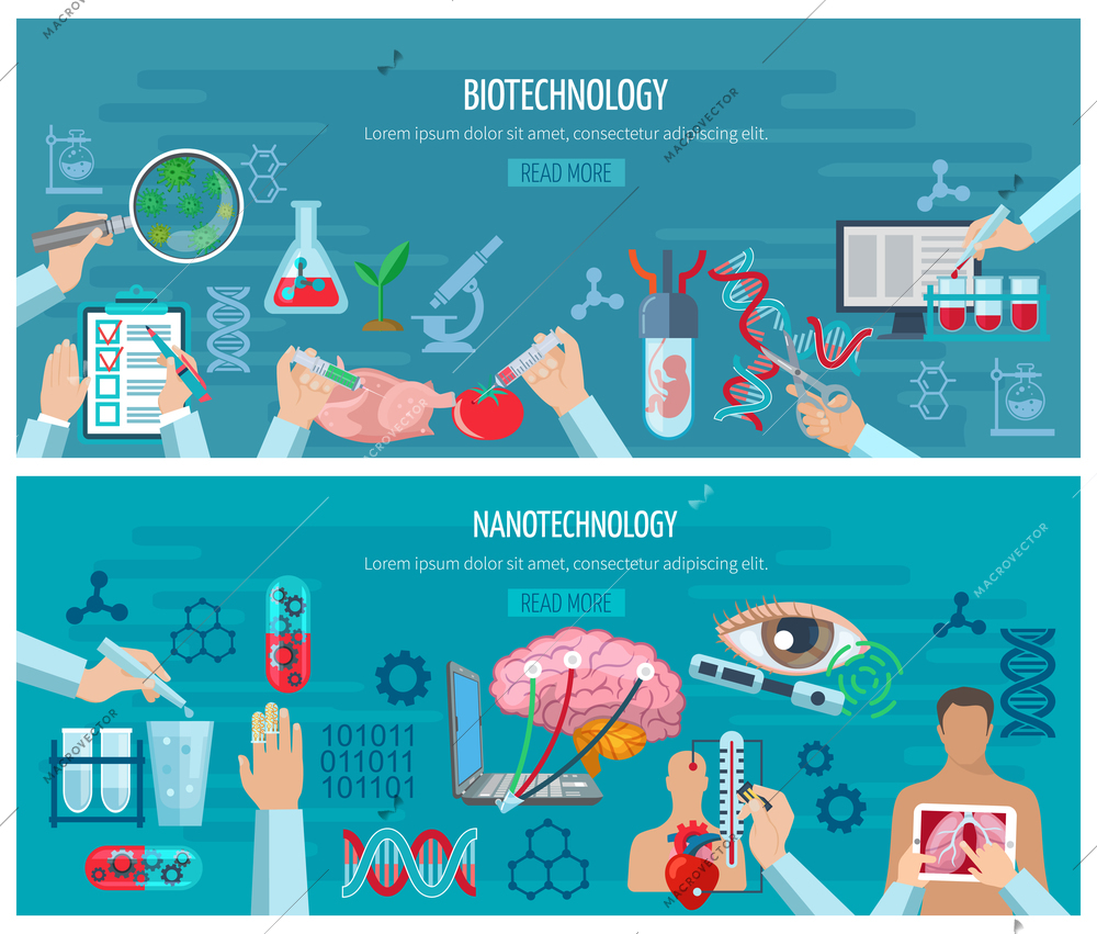 Horizontal banners with elements of biotechnology and nanotechnology design collection vector illustration