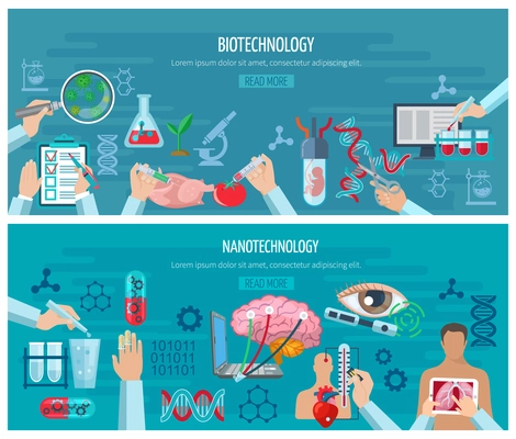 Horizontal banners with elements of biotechnology and nanotechnology design collection vector illustration