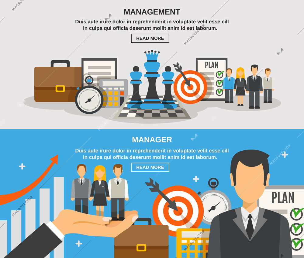 Management horizontal banner set with manager flat elements isolated vector illustration