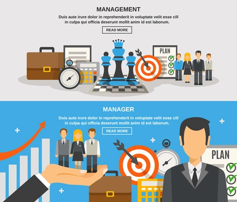 Management horizontal banner set with manager flat elements isolated vector illustration