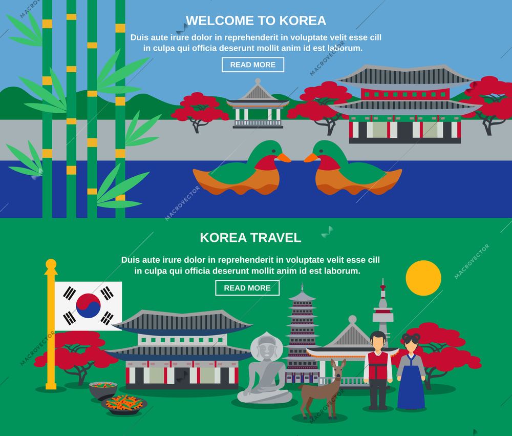 Welcome to korea two flat banners for webpage with mandarin ducks national symbol and landmarks abstract vector illustratio