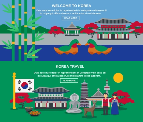 Welcome to korea two flat banners for webpage with mandarin ducks national symbol and landmarks abstract vector illustratio