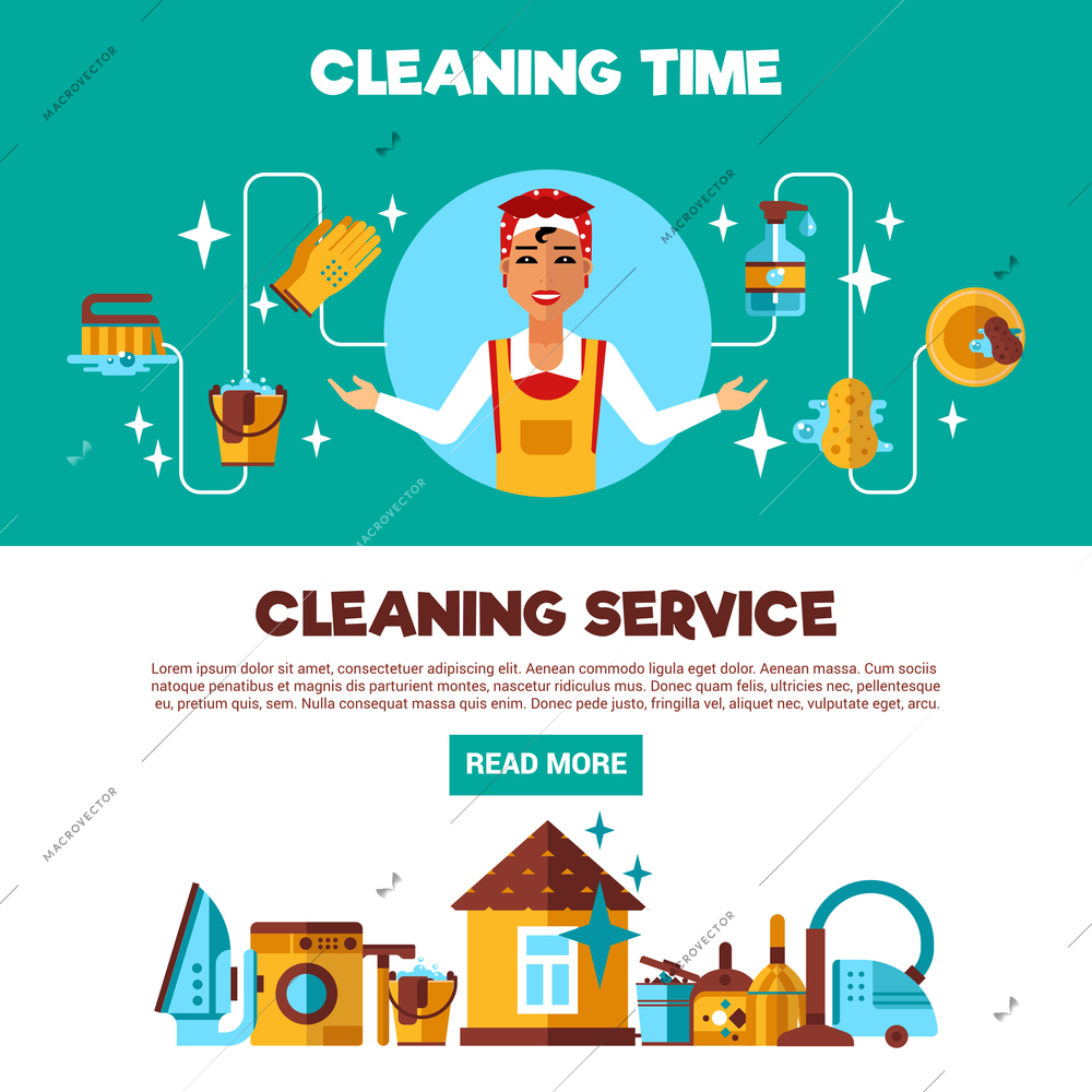 Housekeeping full service with cleaning and ironing 2 flat informative banners advertisement webpage abstract isolated vector illustration