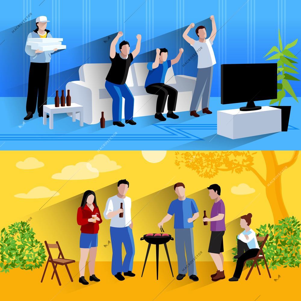 Friends watching tv  football match and barbecuing together 2 flat horizontal banners composition abstract isolated vector illustration