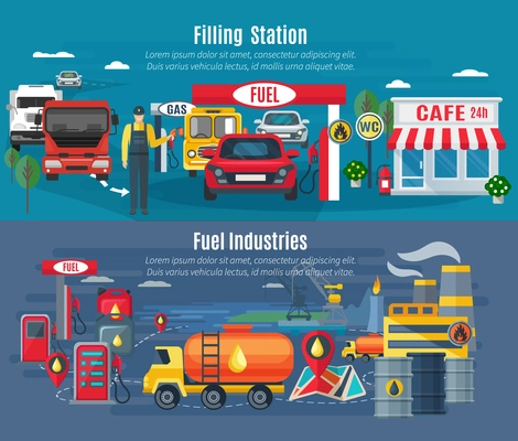 Filling station horizontal banners set with cars trucks and cafe flat isolated vector illustration