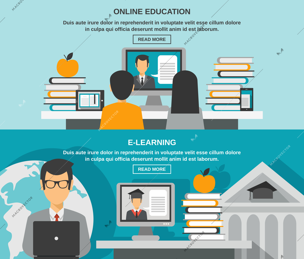 E-learning horizontal banner set with online education elements isolated vector illustration