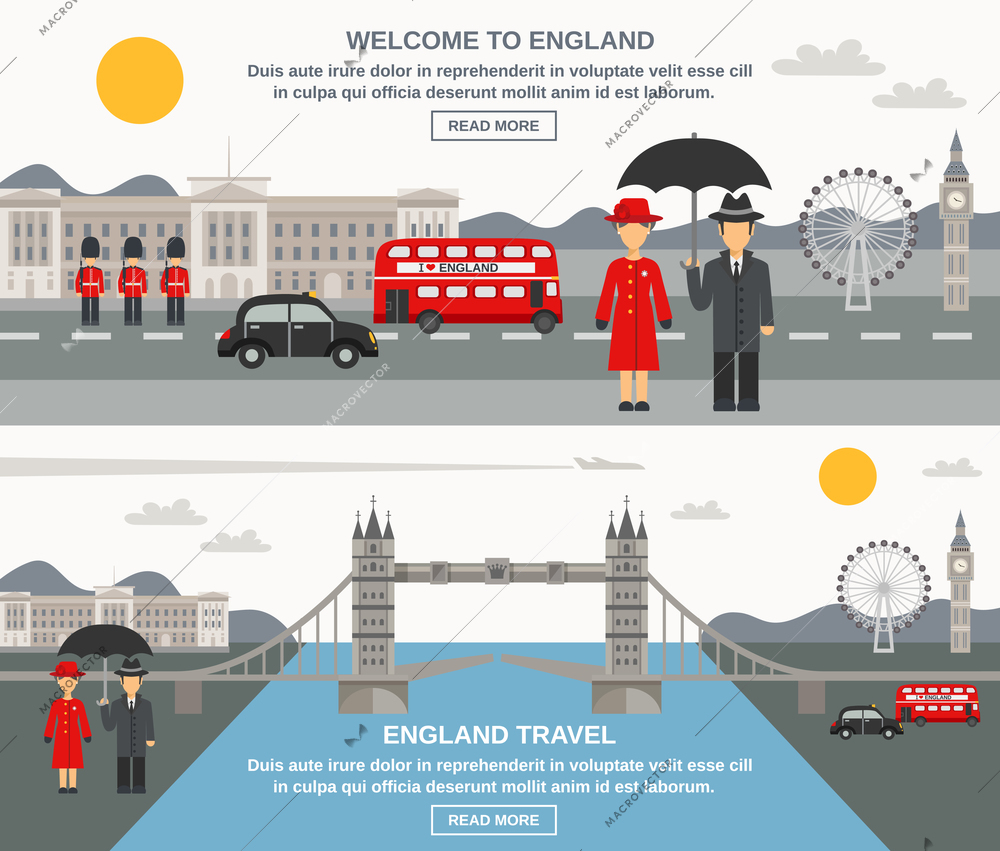 England culture weather traditions and sightseeing information for travelers 2 flat interactive banners webpage abstract isolated vector illustration