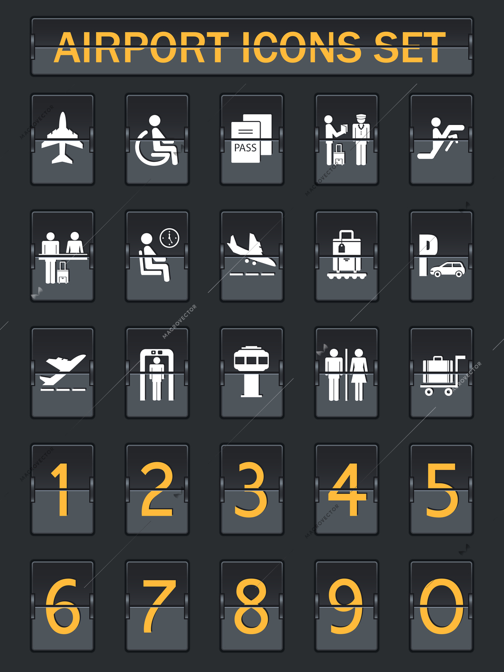 Business airport travel information panel icons set in arrival departure board style vector illustration