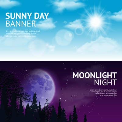 Night and day horizontal banner set with sun and moon in sky isolated vector illustration