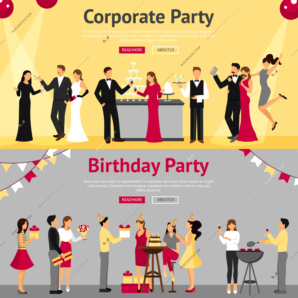 Set of corporate and birthday party banners with celebrating communicating people flat isolated vector illustration