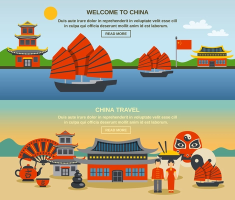 Welcome to china two flat banners set information with symbols traditions and landmarks abstract isolated vector illustration