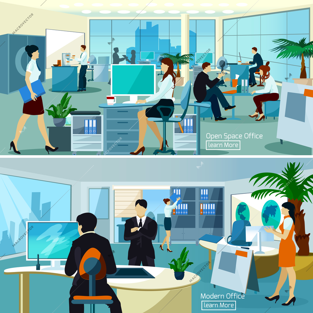 Flat color compositions with people talking and working at computers in open space office vector illustration