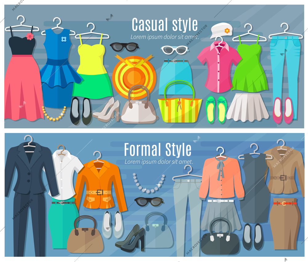 Woman clothes horizontal banners set of collection in formal and casual fashion styles vector illustration