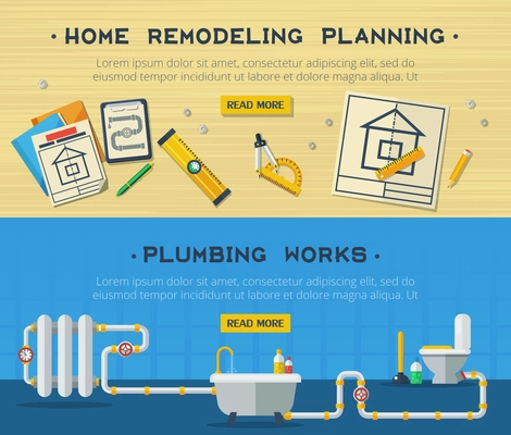 Home remodeling plumbing and sanitary installation service interactive webpage design 2 flat horizontal banners vector isolated illustration