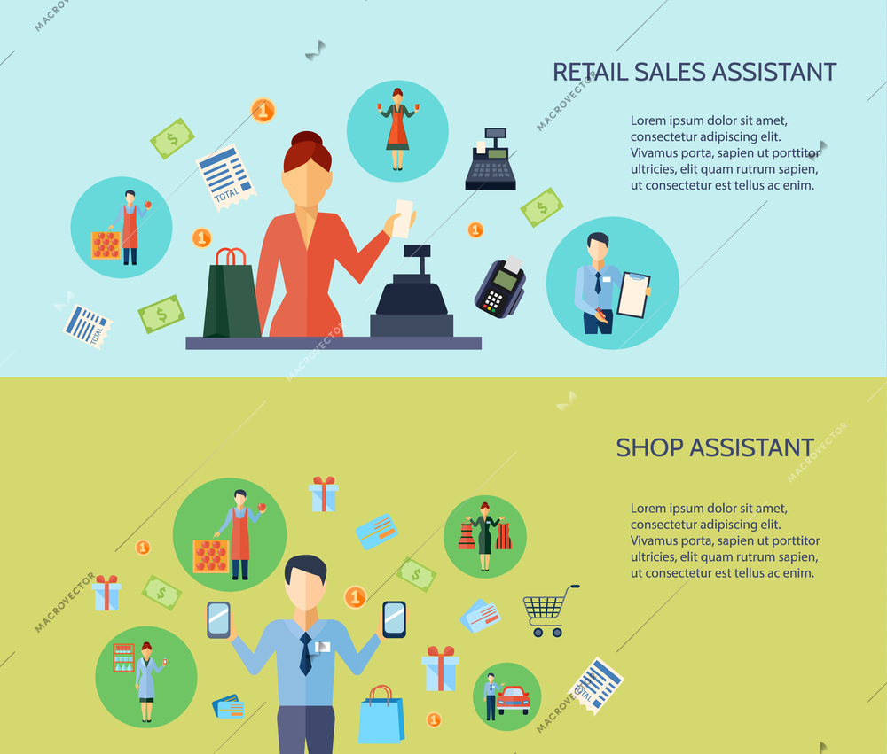 Set of two flat horizontal banners with text presenting retail sales assistant and shop assistant vector illustration