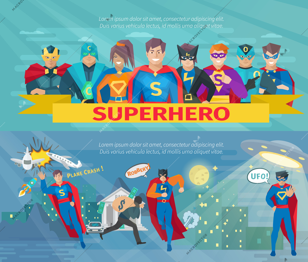 Superhero team horizontal banners set with saving the world symbols flat isolated vector illustration