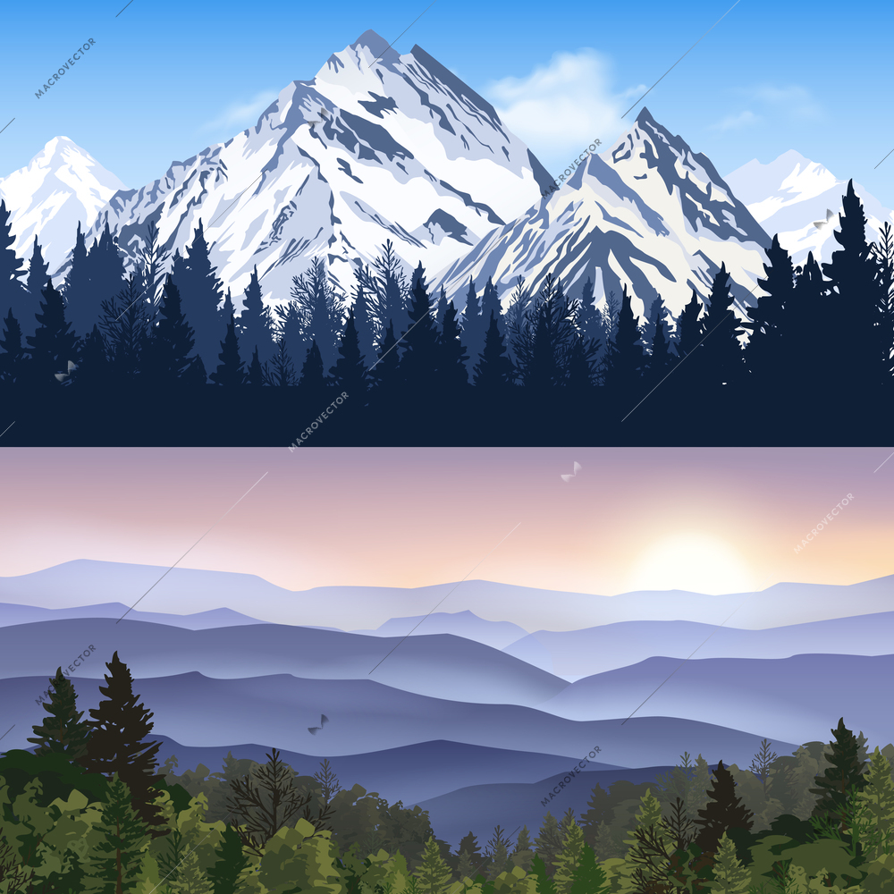 Banners set of landscape with winter mountains and forest mountains with sunrise haze vector illustration