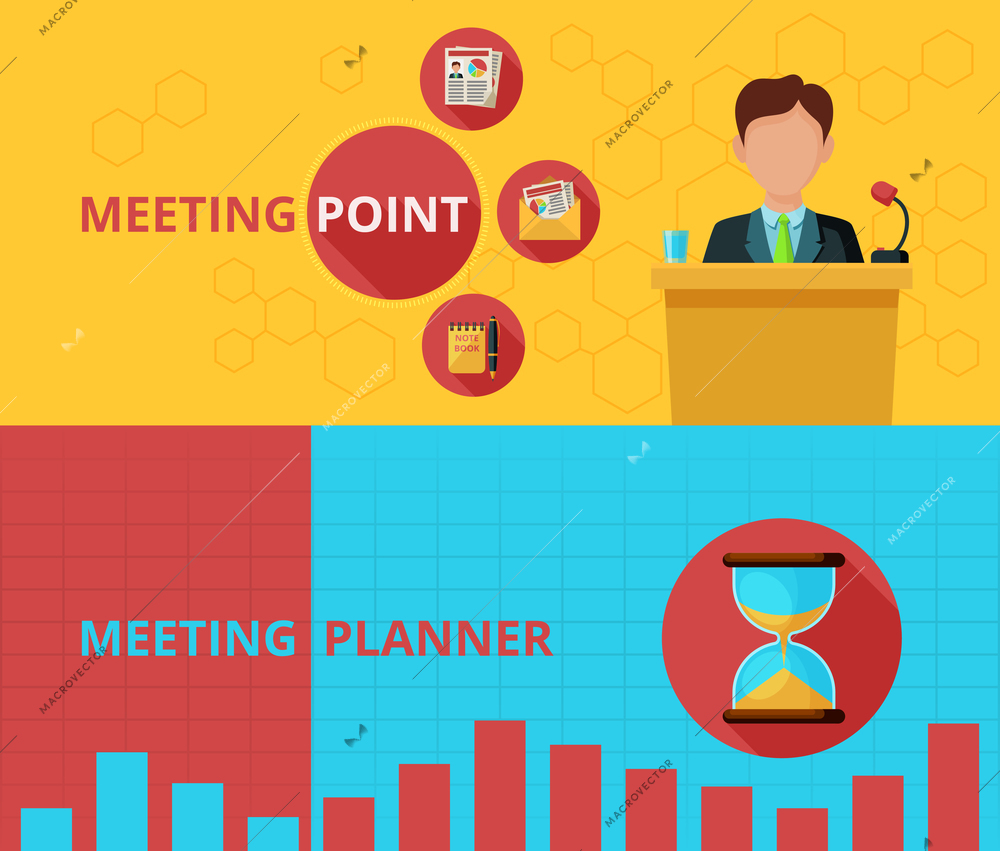 Meeting horizontal banner set with planning and public speech elements isolated vector illustration