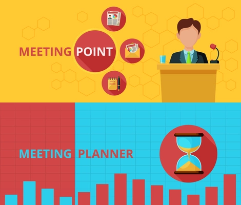 Meeting horizontal banner set with planning and public speech elements isolated vector illustration