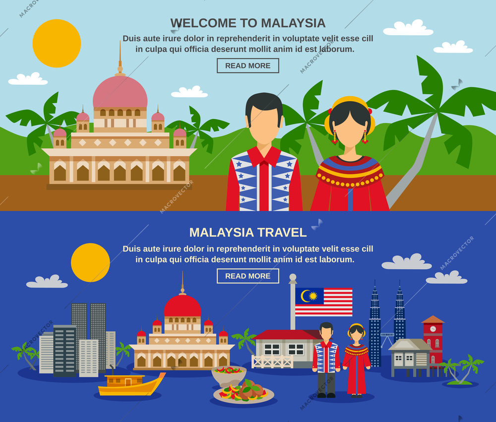 Malaysia culture for travelers with famous twin towers night landscape 2 flat horizontal banners composition vector isolated illustration