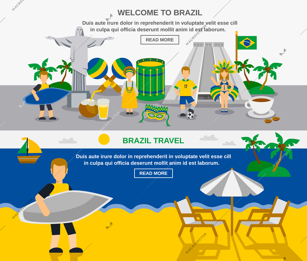 Brazil travel and cultural information interactive web page 2 flat banners design with tourist attractions abstract vector illustration