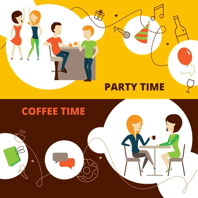 Friends horizontal banners set with coffee time and party time symbols flat isolated vector illustration