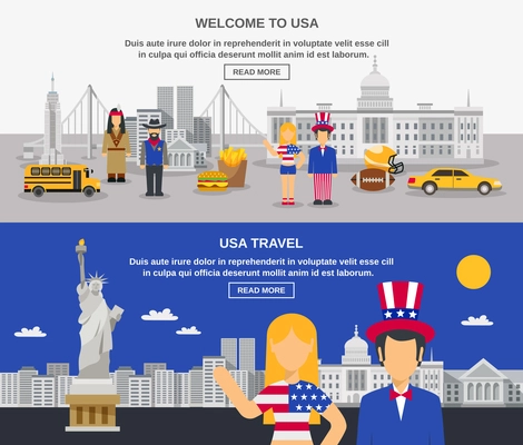 Cultural travel sightseeing USA information online 2 flat banners design webpage with american symbols abstract vector illustration