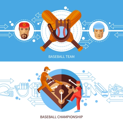 Baseball horizontal banners set with team and championship symbols flat isolated vector illustration