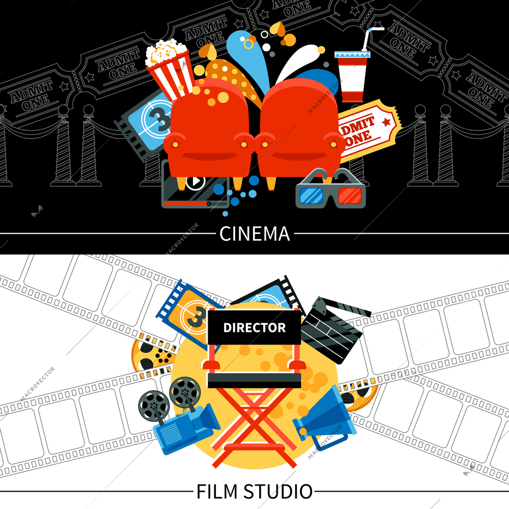 Cinema horizontal banners set with film studio symbols flat isolated vector illustration