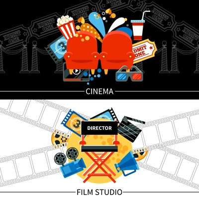 Cinema horizontal banners set with film studio symbols flat isolated vector illustration