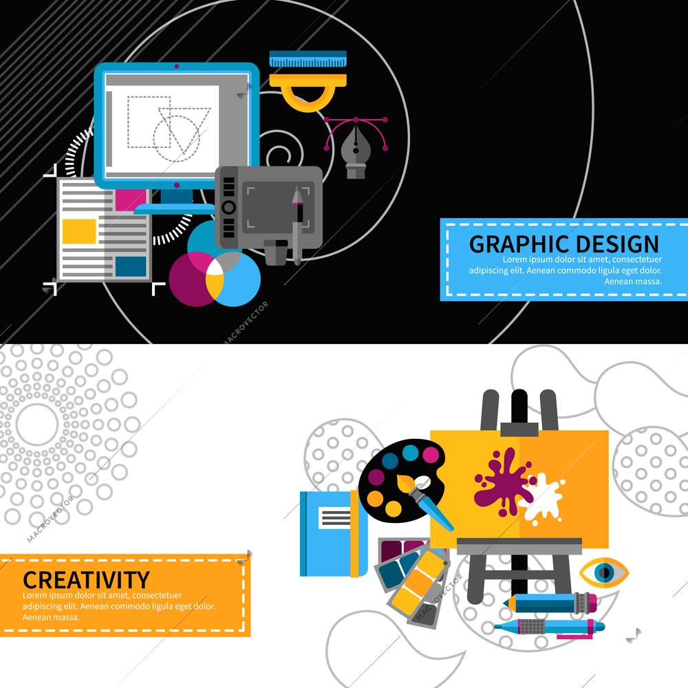 Creative designer horizontal banners set with graphic design symbols flat isolated vector illustration