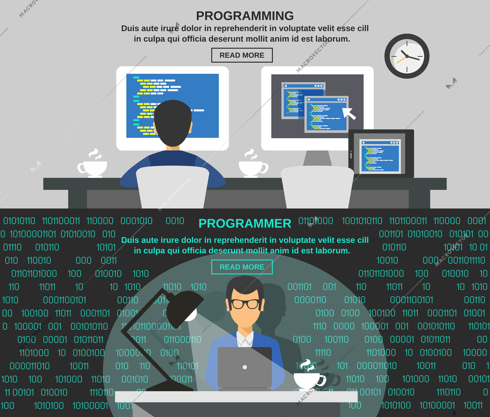 Programmer horizontal banner set with program code elements isolated vector illustration