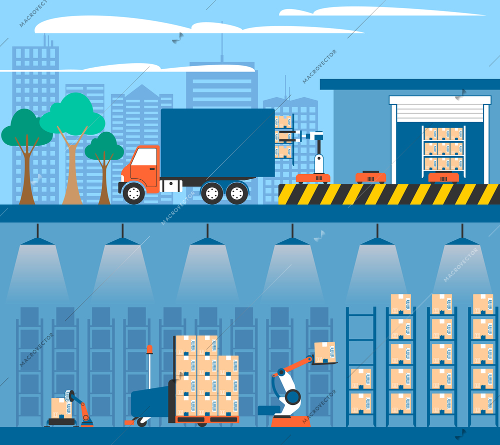 Warehouse facilities and equipment for storing and shipment cargo 2 flat banners composition abstract isolated vector illustration